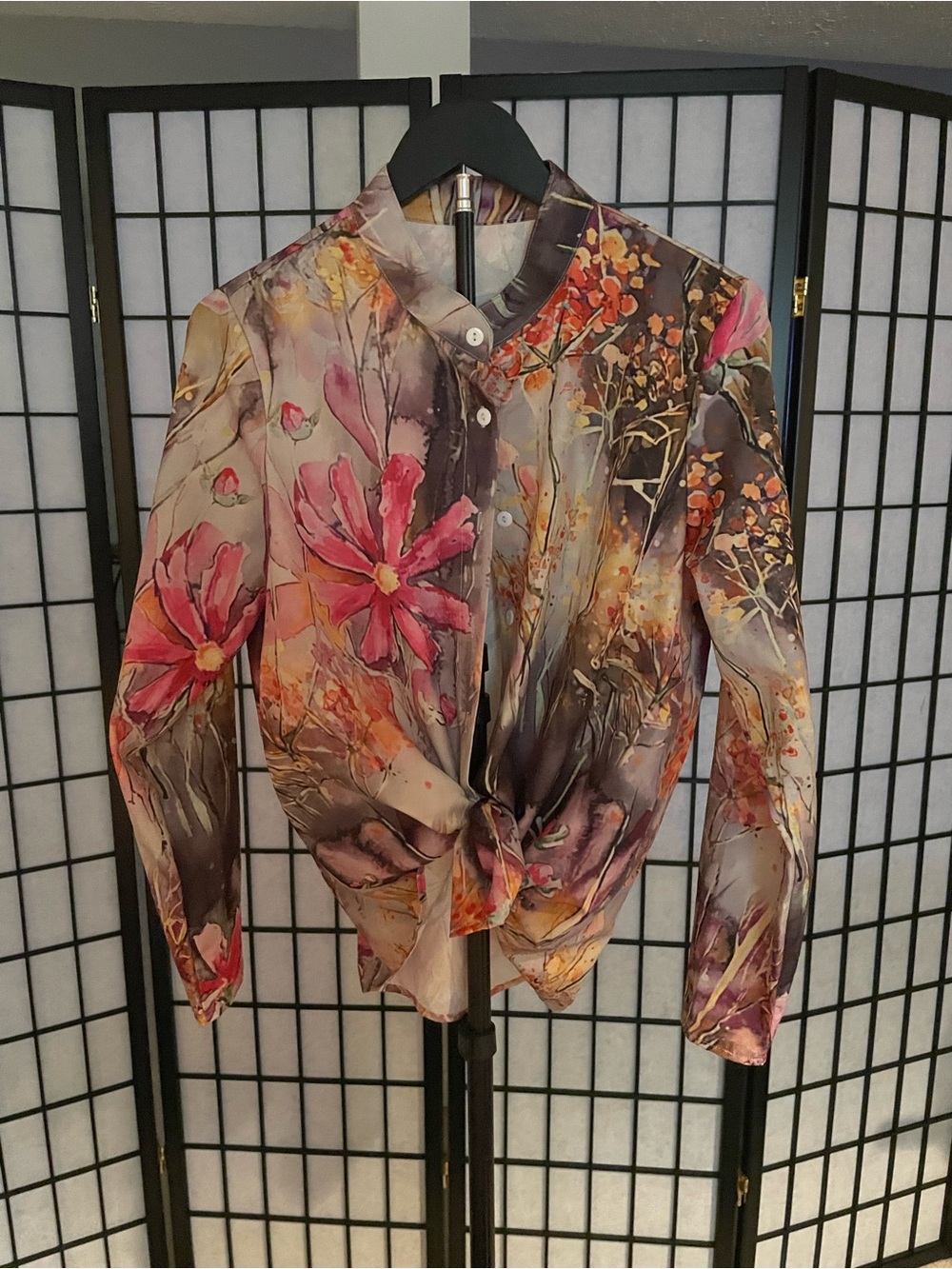 Floral Watercolor Button-Up Blouse in Pink and Brown